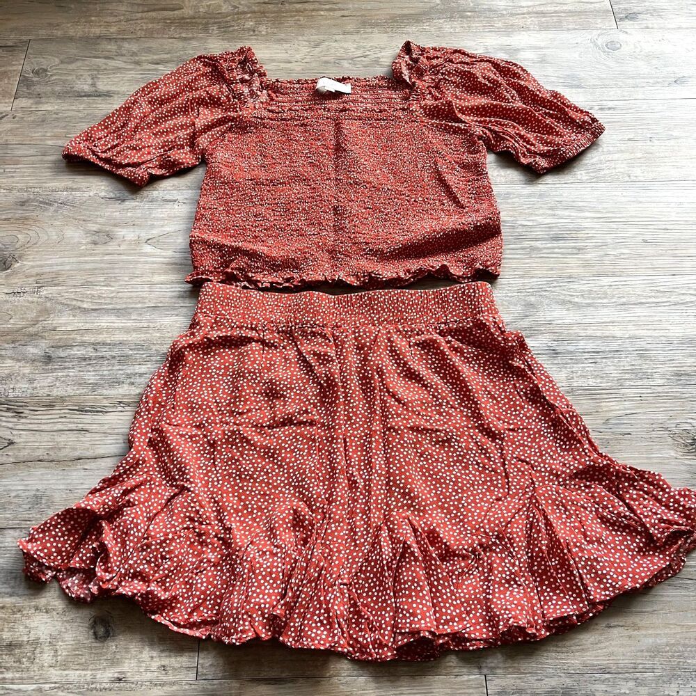 LOFT Puff Sleeve Dotted Smocked Top and Skirt SET Medium Red Orange White